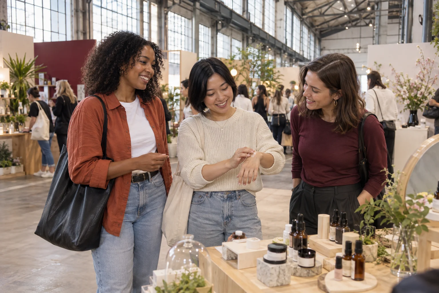 Drei jüngere Frauen in legerer Kleidung entdecken gemeinsam Pflegeprodukte an einem Messestand.